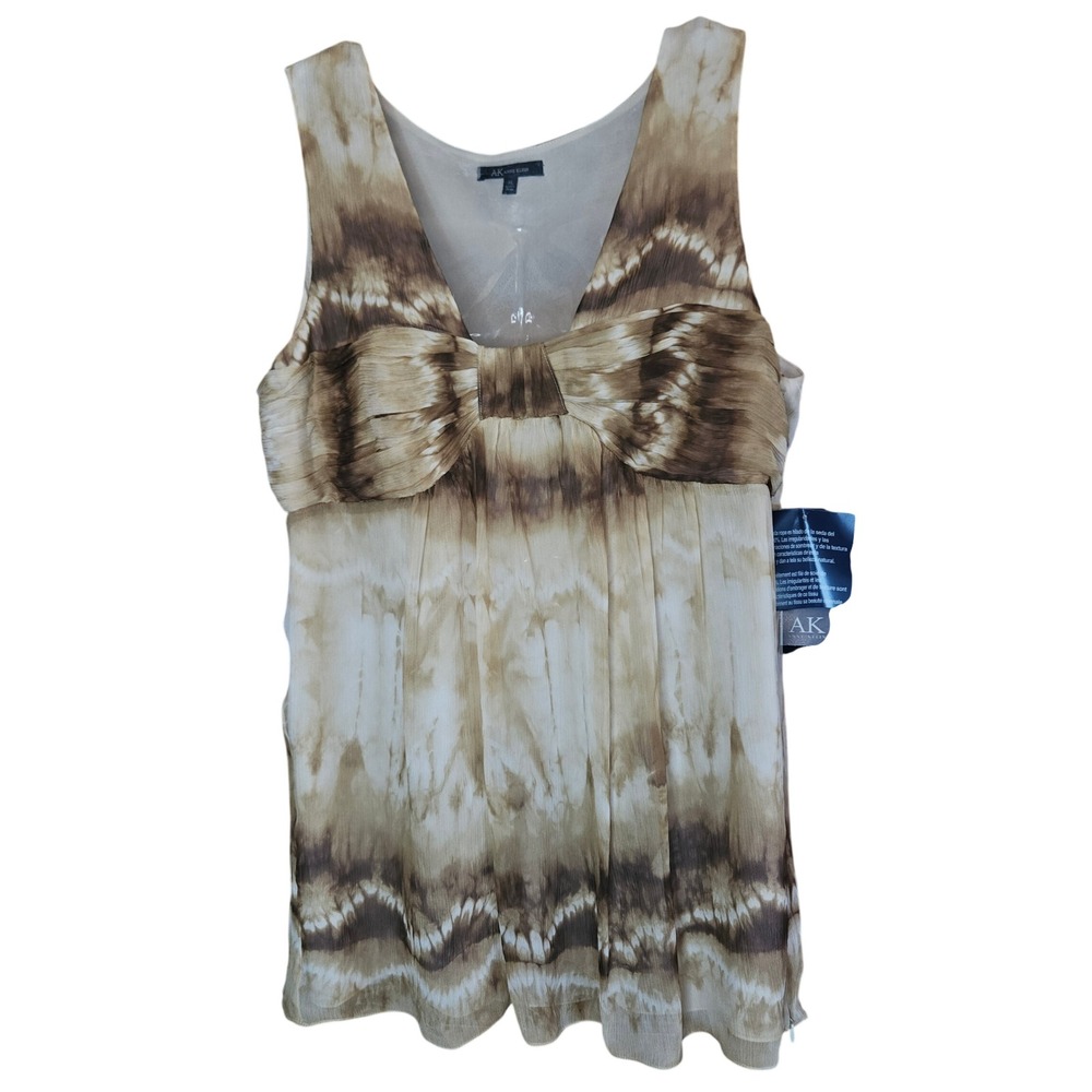 Anne Klein Silk Sleeveless Blouse Top Womens XL Buff Combo Tie Dye Bow New